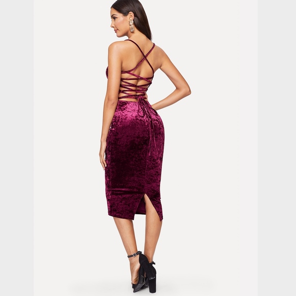 Lace Up Backless Velvet Cami Bodycon Dress - Picture 6 of 8